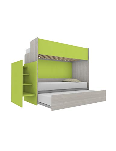 Woody - Litera funcional de diseño, con tercera cama extraíble y elevable, 80 x 190 cm. Escalera de contención incluida. Color blanco efecto madera y verde lima.