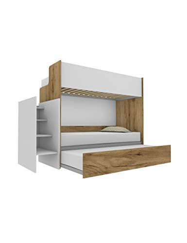 Woody - Litera funcional de diseño, con tercera cama extraíble y elevable, 80 x 190 cm, escalera de contención incluida, roble y blanco
