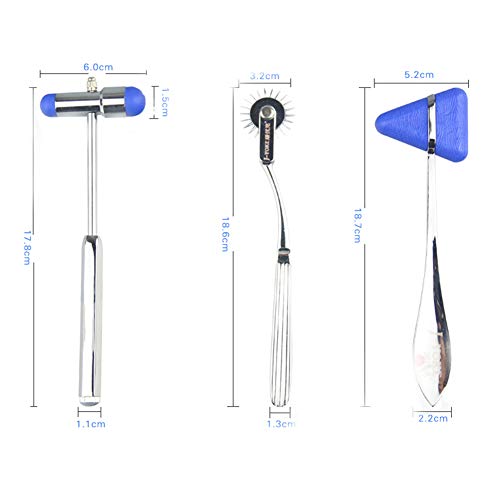 WSN Martillo Reflejo nervioso, percusión médica para Examen de neurología Martillo Triangular de Acero Inoxidable + Aguja de Rueda de baldosas + Juego de 3 martillos