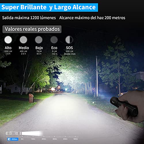 WUBEN L50 Linterna Led 1200 Lumens USB Recargable Alta Potencia Impermeable con Función de Memoria,5 Modos Linternas para Camping Montañismo Senderismo Emergencia