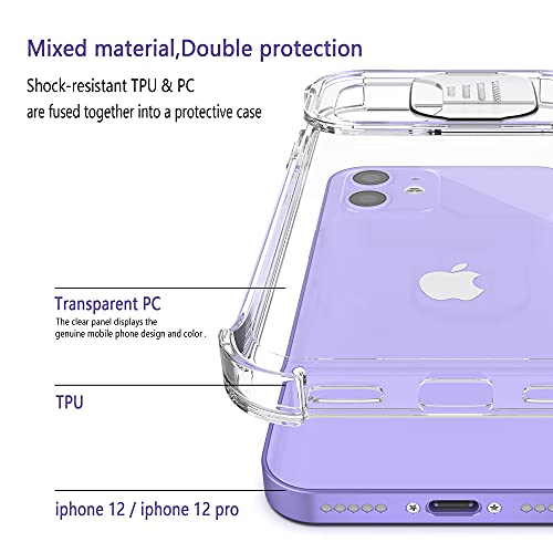 XTCASE Funda para iPhone 12/12 Pro, Protección de la Cámara Transparente Carcasa Cubierta de Cámara Deslizante Proteger Ultra-Fina Híbrida PC + TPU Anti-Choque Anti-arañazos