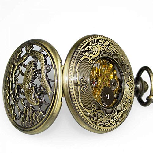 XYSQWZ Reloj De Bolsillo Elegante Y Exquisito Tallado Doble Grúa Unisex Esqueleto Mecánico Colgante De Cuerda Manual Collar