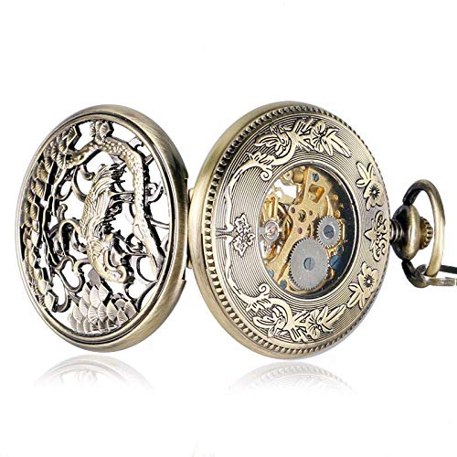 XYSQWZ Reloj De Bolsillo Retro Elegante Tallado Reloj De Bolsillo De Doble Grúa Mujeres Hombres Unisex Esqueleto Mecánico Colgante De Cuerda Manual Collar