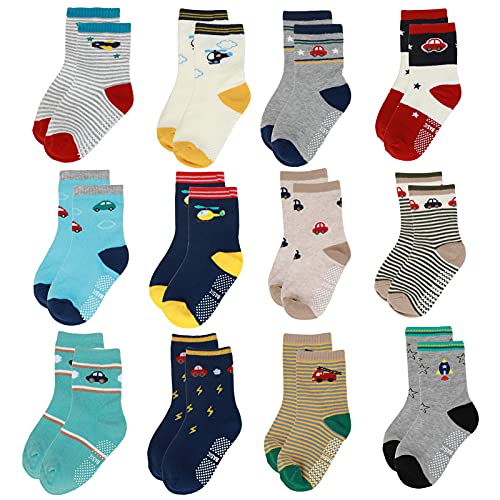 Yafane 12 Pares de Calcetines Antideslizantes para Niños Pequeños Infantil Recién Nacido Calcetines Antideslizantes Algodón para Bebés 0-7 años (Gris, 1-3 años)