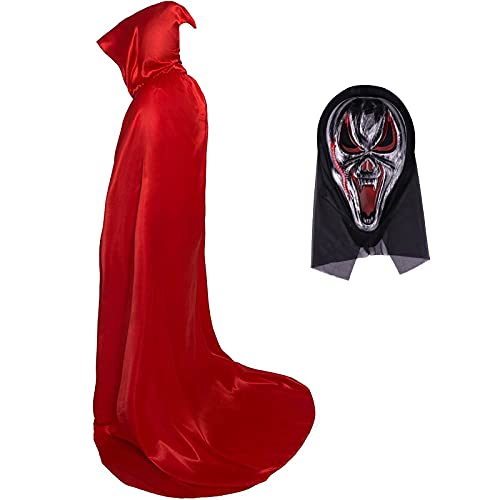 YANGB 2 Paquete de Mujeres con Capucha con Capucha Cape Wizard Mask Pelaje de rol Satinado Renaissance Cosplay Medieval para Hombres y Mujeres Halloween Fiesta de Navidad,Rojo,S