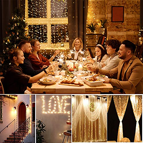 Yizhet Luces de Cadena de Cortina 3mx 3m 300 LED Cortina Luces Luz de Cortina con Mando 8 Modos Impermeable Cortina Luces Navidad para Decoración Interior Bodas Fiestas (Blanca Cálida)