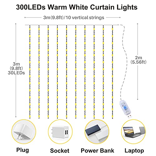 Yizhet Luces de Cadena de Cortina 3mx 3m 300 LED Cortina Luces Luz de Cortina con Mando 8 Modos Impermeable Cortina Luces Navidad para Decoración Interior Bodas Fiestas (Blanca Cálida)