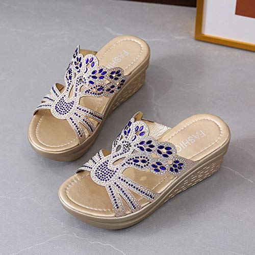 ypyrhh Sandalias de Verano sin Espalda,Pendiente de Boca de pez con la Palabra,Sandalias de Plataforma de Diamantes de imitación Antideslizantes-Royal Blue_40,Sandalia Cómoda Clásica