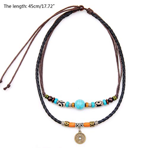 Yushu Collar vintage de la tribu antigua hombre ajustable cáñamo negro turquesa perla gargantilla hecho a mano collares para mezclilla o ropa casual
