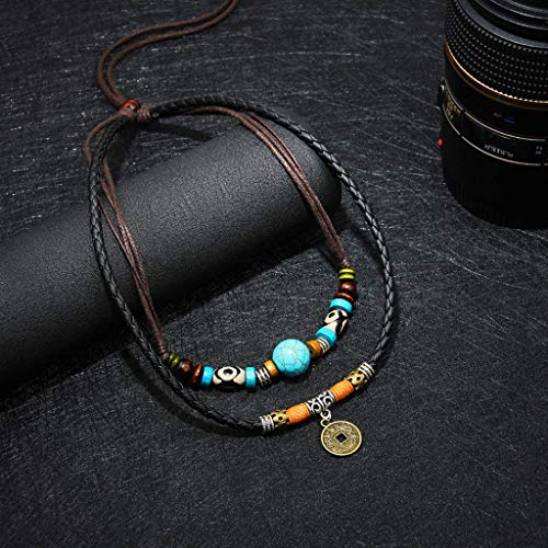 Yushu Collar vintage de la tribu antigua hombre ajustable cáñamo negro turquesa perla gargantilla hecho a mano collares para mezclilla o ropa casual