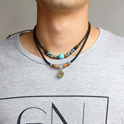Yushu Collar vintage de la tribu antigua hombre ajustable cáñamo negro turquesa perla gargantilla hecho a mano collares para mezclilla o ropa casual
