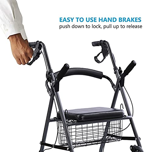 ZAQI Andador Andadores para Ancianos Andador Ancho para Parkinson, Plegable Grande Altura Ajustable Andadores con Ruedas, para Hombres Altos Adultos Mayores, con Asiento Cesta, Soporta 220 Libras
