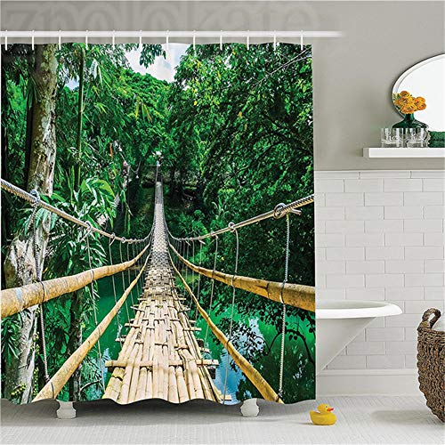ZLWSSA Cortina de Ducha 3D a Prueba de Agua Conjunto de decoración Tropical Puente Colgante de bambú peatonal sobre río en Bosque Tropical Bohol Filipinas 180x240cm