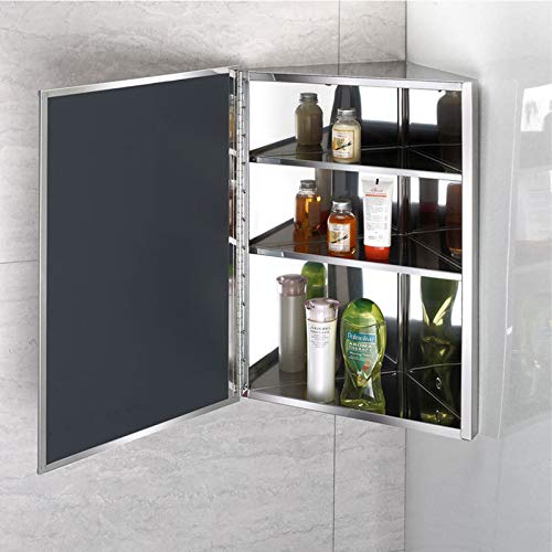 ZTGL Armario de Pared Triangular de Acero Inoxidable, Armario con Espejo de Esquina para Baño, Organizador de Almacenamiento de Medicamentos Multiusos,Left Door