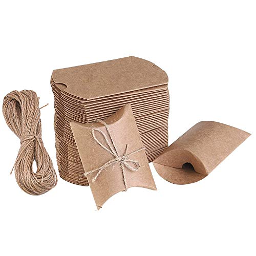100 Piezas Cajas Almohadas de Kraft Cajas de Regalo Pequeñas Marrones Vintage Cajas de Papel con Cuerda de Yut para Caramelos Bombones Regalos