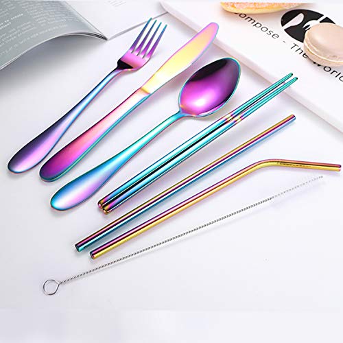8 Pcs Cubiertos Portátiles, Juego de Cubiertos Acero Inoxidable,Cubertería de Cámping,Cubiertos De Viaje, Incluye Cuchillo, Tenedor, Cuchara, Palillos, Cepillo de Limpieza, Pajitas y Bolsa De Tela