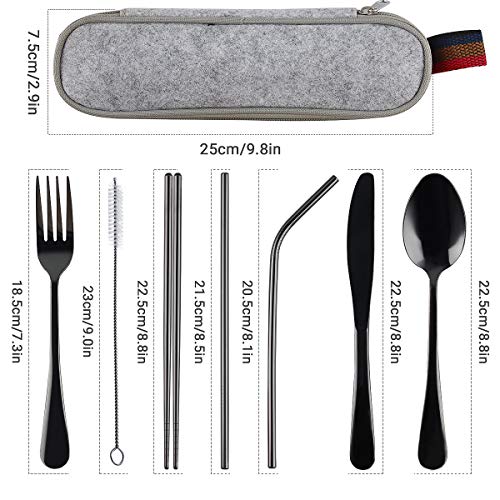8 Piezas Utensilios portátiles, Juego de Cubiertos para Viaje, Juego de Cubiertos de Acero Inoxidable, Incluye Cuchillo/Tenedor/Cuchara/Palillos/Pajitas/Brocha/Estuche Portátil (Negro)
