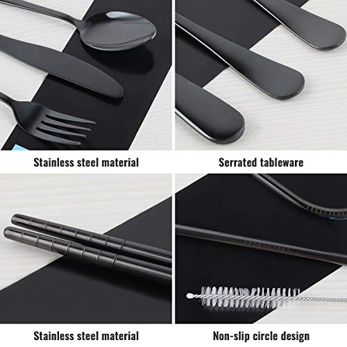 8 Piezas Utensilios portátiles, Juego de Cubiertos para Viaje, Juego de Cubiertos de Acero Inoxidable, Incluye Cuchillo/Tenedor/Cuchara/Palillos/Pajitas/Brocha/Estuche Portátil (Negro)