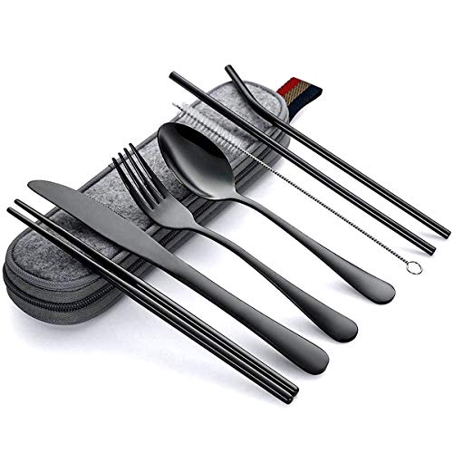 8 Piezas Utensilios portátiles, Juego de Cubiertos para Viaje, Juego de Cubiertos de Acero Inoxidable, Incluye Cuchillo/Tenedor/Cuchara/Palillos/Pajitas/Brocha/Estuche Portátil (Negro)