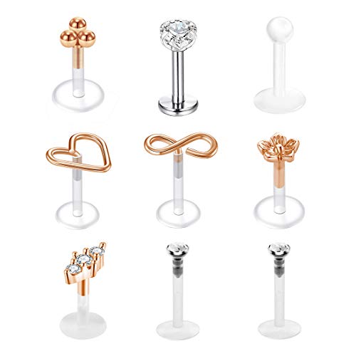 9 Piezas 16G Acero Inoxidable & Acrilico Piercing Oreja Tragus Stud Helix Cartilago Pendientes Labio Labret Anillos Piercing Claro Bioflex Retenedores para Mujer Hombre Joyas para el Cuerpo-Oro rosa