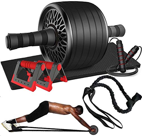 Abdominales Casa Gimnasio Musculacion, Rodillo de Rueda, AB Wheel Roller, 2 Soportes para Flexiones + 2 Bandas de Resistencia+Comba Cuerda Saltar, Deportes Equipo Ejercicio en Casa Mujer Hombre