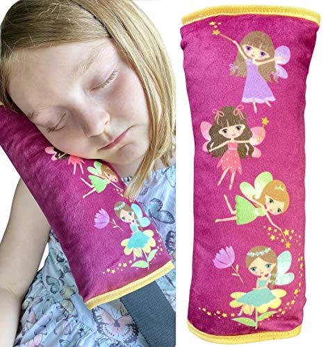 Almohadilla HECKBO para coche con dibujos de hadas para niños - lavable a máquina suave, tacto de peluche, almohadilla cinturón de seguridad