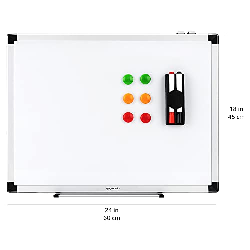 Amazon Basics - Pizarra blanca magnética con bandeja para rotuladores y marco de aluminio, 60 cm x 45 cm