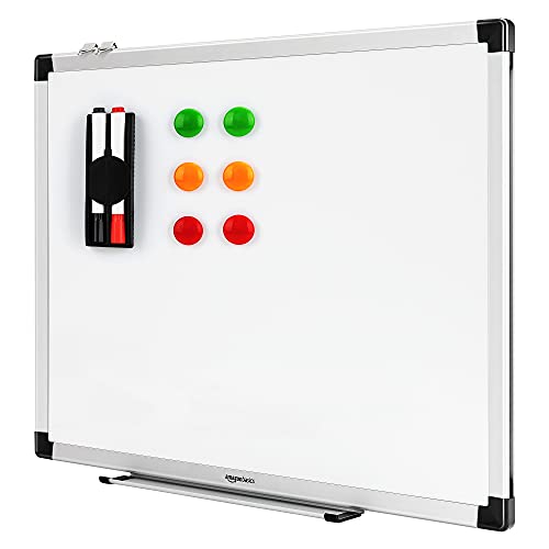 Amazon Basics - Pizarra blanca magnética con bandeja para rotuladores y marco de aluminio, 60 cm x 45 cm