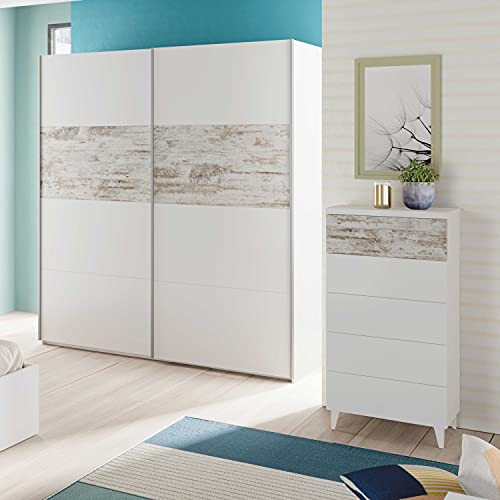 Armario 2 Puertas Correderas para Dormitorio o Habitación, Modelo Vintage, Acabado en Blanco Artik y Vintage, Medidas: 180 cm (Ancho) x 200 cm (Alto) x 60 cm (Fondo)