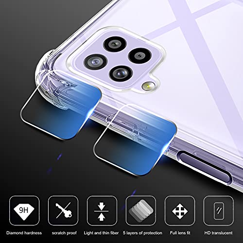 AROYI Funda Compatible con Samsung Galaxy A22 4G (Non para A22 5G), 2 Pack Cristal Templado y 2 Pack Lente de cámara, Carcasa Suave TPU Silicona Airbag Anti-Choque - Transparente