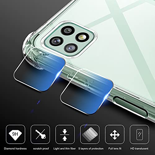 AROYI Funda Compatible con Samsung Galaxy A22 5G (Non para A22 4G), 2 Pack Cristal Templado y 2 Pack Lente de cámara, Carcasa Suave TPU Silicona Airbag Anti-Choque - Transparente
