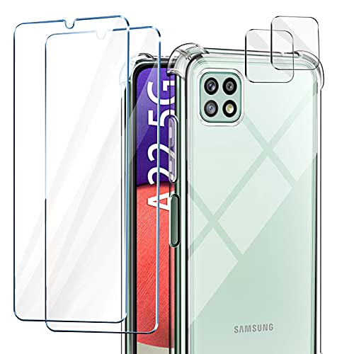 AROYI Funda Compatible con Samsung Galaxy A22 5G (Non para A22 4G), 2 Pack Cristal Templado y 2 Pack Lente de cámara, Carcasa Suave TPU Silicona Airbag Anti-Choque - Transparente