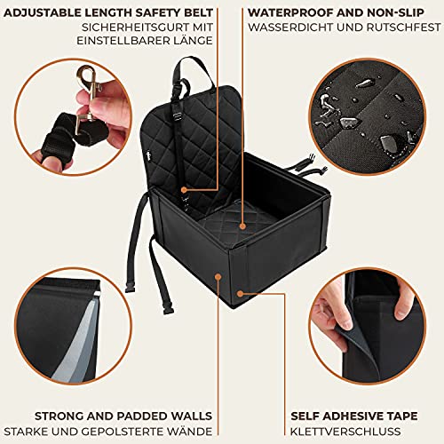 Asiento de coche para perro extra estable - Transportín coche robusto para perros pequeños y medianos - Paredes reforzadas y 3 cinturones - Cesta perro impermeable para asiento delantero o posterior