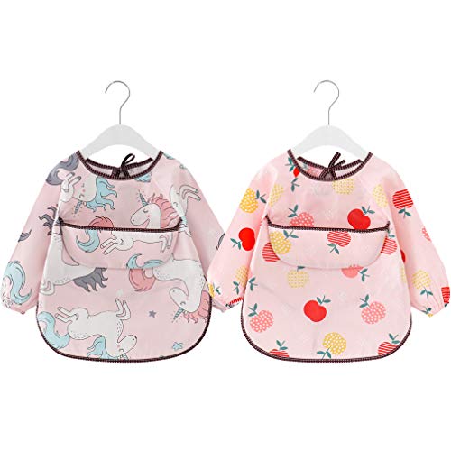 atopo 2 Paquetes Babero con Mangas Largas Impermeable Baberos de Alimentación para Bebés Algodón Delantal Lavable del Bebé por 6-36 Meses Niños Comiendo Pintura y Jugando