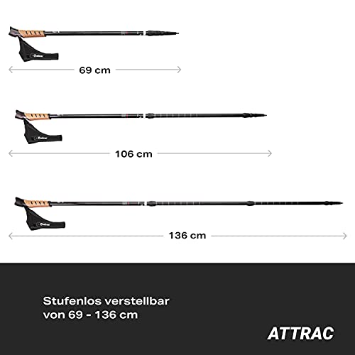 ATTRAC Bastones Marcha nórdica »Clásicos« con Sistema telescópico, antichoque y Amortiguador - Longitud Regulable de 67 a 136 cm y Empuñadura en Corcho + PDF Workout (Classic)