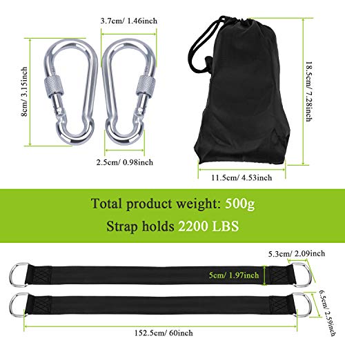 AUTFIT Hamaca Correas Kit, Columpio Colgante Árbol Capacidad para 1000kg, 150cm Arnés de Suspensión Kit con 2 Mosquetones de Alta Resistencia, Anillos en D y 2 Almohadillas de Protección para Árboles