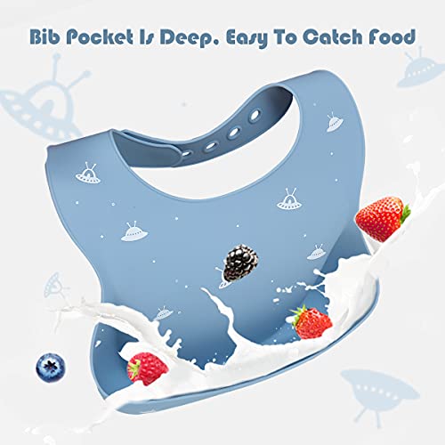 Babero impermeable de silicona para bebés para bebés y niños pequeños con recogedor de alimentos（Galáctica y nave espacial）