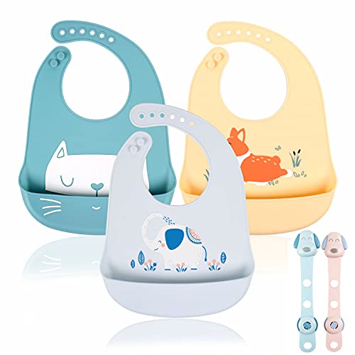 Baberos Impermeables de Silicona para Bebé, Babero Flexible y Suave, Babero Grande y Ajustable para Niño/Niña, 3 Piezas(Blanca/Azul/Amarillo)