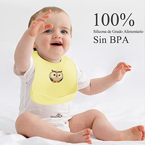 Baberos Impermeables para Bebés 2 Piezas, Baberos de Silicona Regulables, Babero Grande y Súper Suave con un Amplio Bolsillo para recolector Migas de Alimentos para Bebés Niñas y Niños, Azul/Amarillo