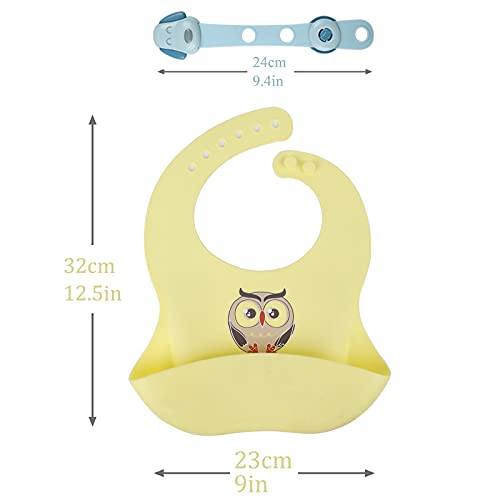Baberos Impermeables para Bebés 2 Piezas, Baberos de Silicona Regulables, Babero Grande y Súper Suave con un Amplio Bolsillo para recolector Migas de Alimentos para Bebés Niñas y Niños, Azul/Amarillo