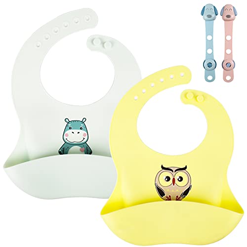 Baberos Impermeables para Bebés 2 Piezas, Baberos de Silicona Regulables, Babero Grande y Súper Suave con un Amplio Bolsillo para recolector Migas de Alimentos para Bebés Niñas y Niños, Azul/Amarillo