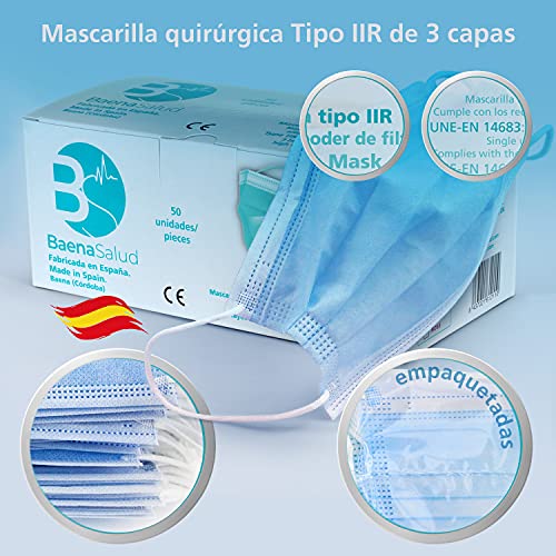 BAENA SALUD 100 Mascarillas Quirúrgicas, higiénicas, desechables, Tipo IIR, en color negro, filtración (BFE) 98%, hechas en España