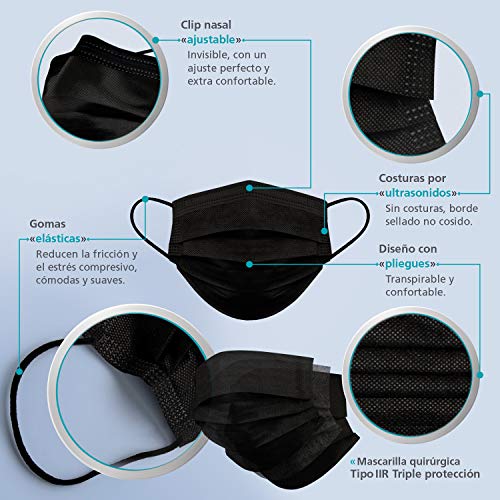 BAENA SALUD 100 Mascarillas Quirúrgicas, higiénicas, desechables, Tipo IIR, en color negro, filtración (BFE) 98%, hechas en España