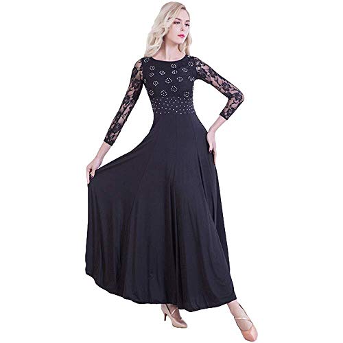 Baile De Baile De Manga Larga De Encaje Falda De Oscilación Grande, Traje De Baile Estándar Nacional, Traje De Rendimiento De Falda De Vals (Color : Negro, Size : XXXL)
