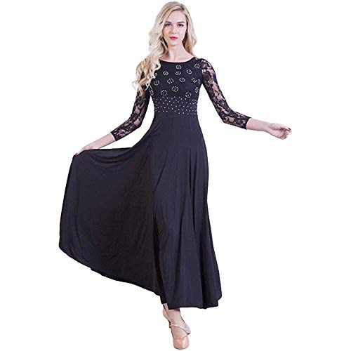 Baile De Baile De Manga Larga De Encaje Falda De Oscilación Grande, Traje De Baile Estándar Nacional, Traje De Rendimiento De Falda De Vals (Color : Negro, Size : XXXL)