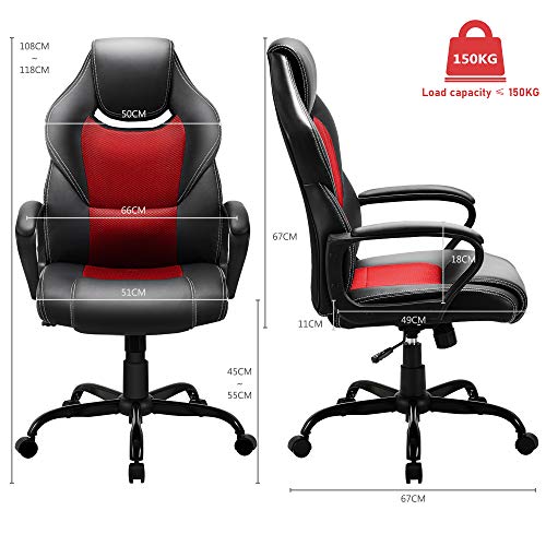 BASETBL Silla de Oficina, Silla de Escritorio Ergonómica con Altura Ajustable, Sillón Oficina con Respaldo Alto Reclinable, Silla de Computadora Cuero Ejecutiva con Soporte Lumbar, Carga 150kg (RED-1)