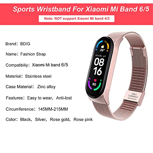 BDIG Correa Compatible para Xiaomi Mi Band 6 Correas Metal Mi Band 5, Pulsera de Acero Inoxidable Agradable para Mi Band 6 & Mi Band 5 Correa(No Host)(Melan Rosa)