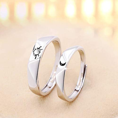 Beydodo 2PCS Anillos de Parejas Anillo Ajustable Plata de Ley Grabado Luna Sol I Love You Anillos de Compromiso Anillos Parejas Plata
