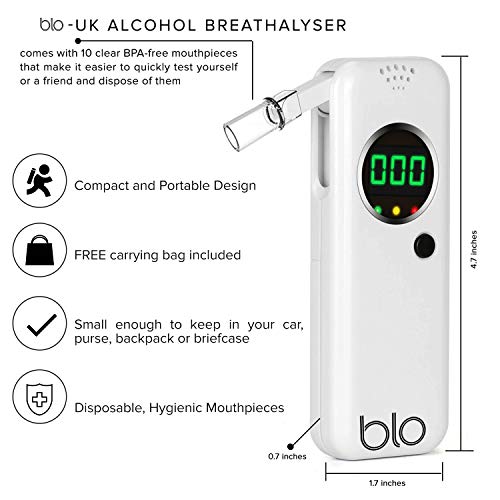 BLO-UK Alcoholímetro y Probador de Aliento Portátil con Pantalla LCD Digital y Resultados Rápidos y Precisos de Contenido de Alcohol en Sangre, 10 Boquillas Desechables para Pruebas De BAC Limpias