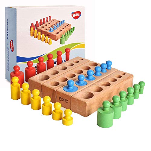 BOHS Cilindro en Miniatura Montessori con 6 perillas - 17 cm - Juguete Colorido de Madera para el hogar temprano - Juego de 4 Piezas - Edad 2.5 años y más